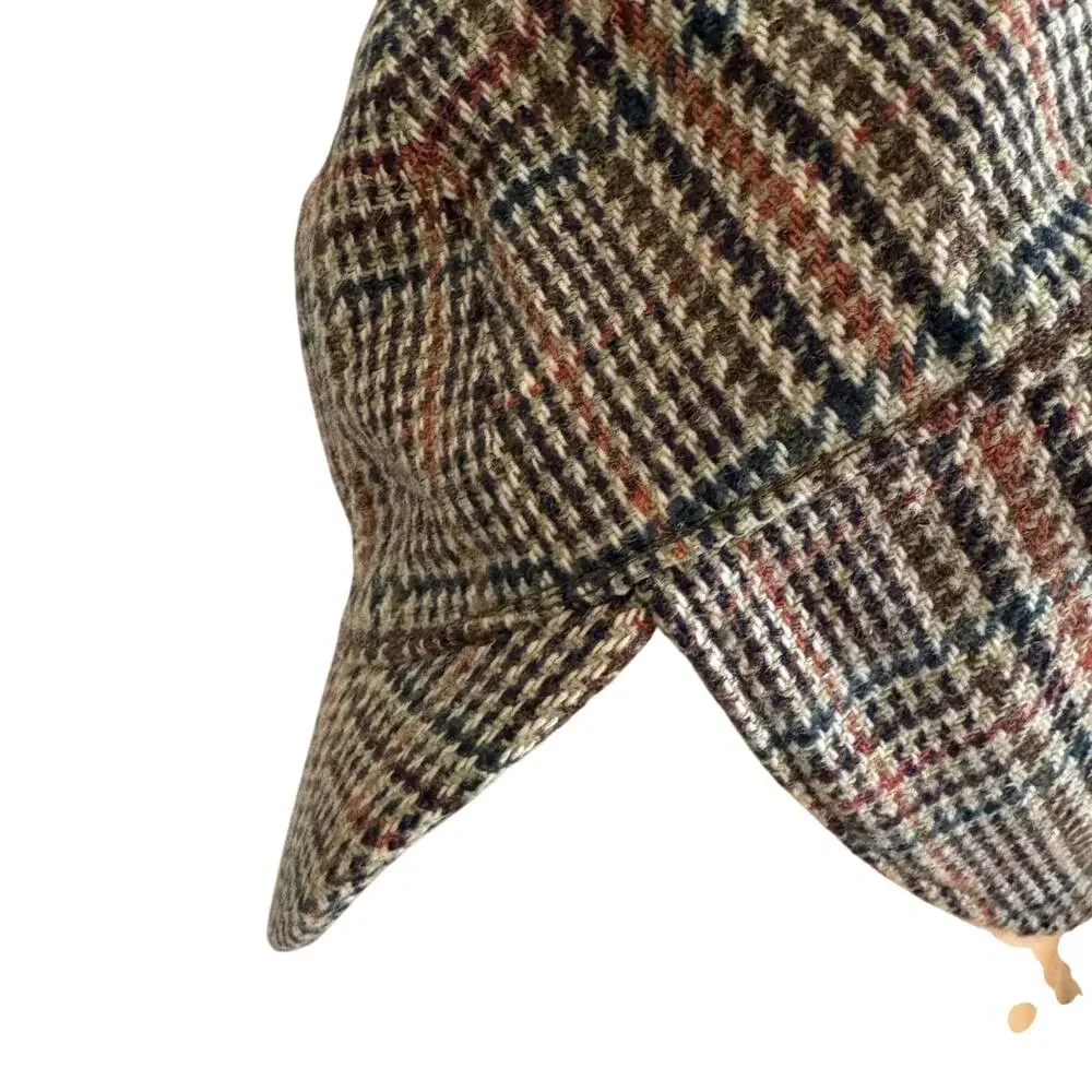 Vintage Tweed Wool Plaid Deerstalker Sherlock Holmes Hat Iconic Hunting Preppy